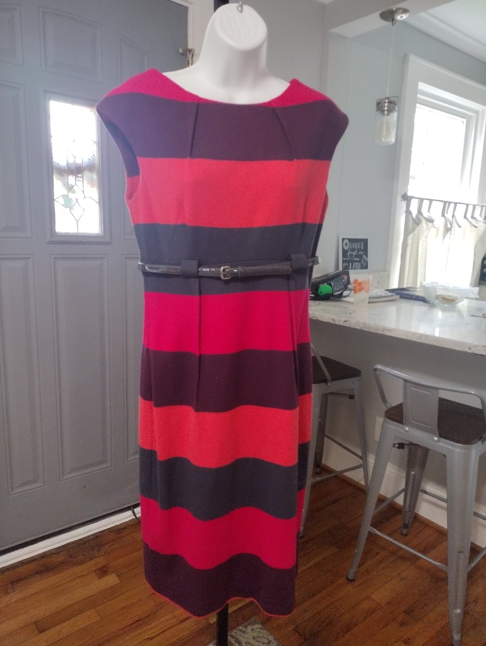 Ellen Tracy Bold Striped Sleeveless Sheath Dress in Pink and Red